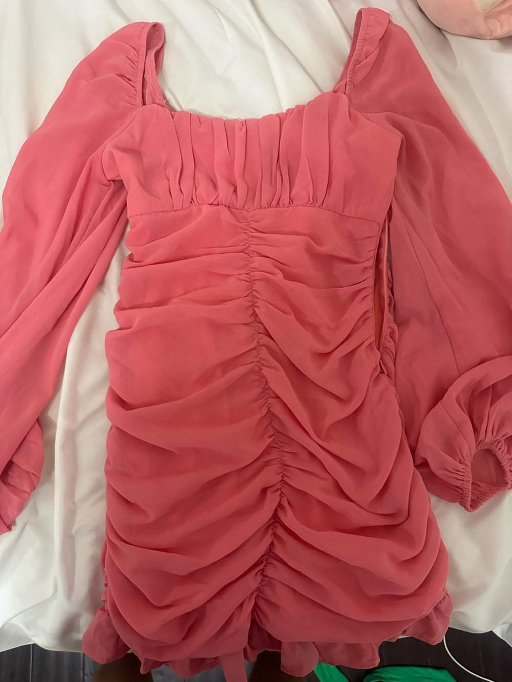 Ruched Mini Dress in Coral Pink